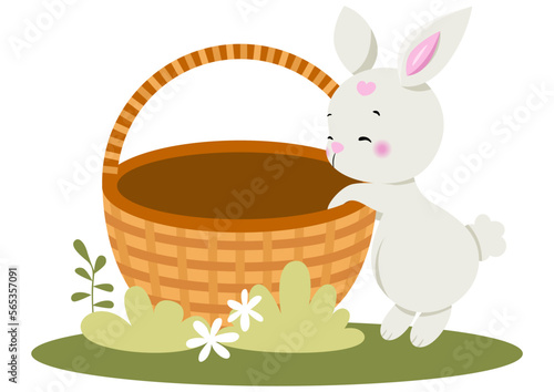 Loving bunny with empty basket in the garden