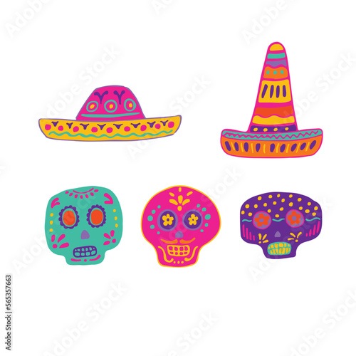Bright set of Mexican skulls and hats. Sugar skull  beautiful sombreros. Vector illustration