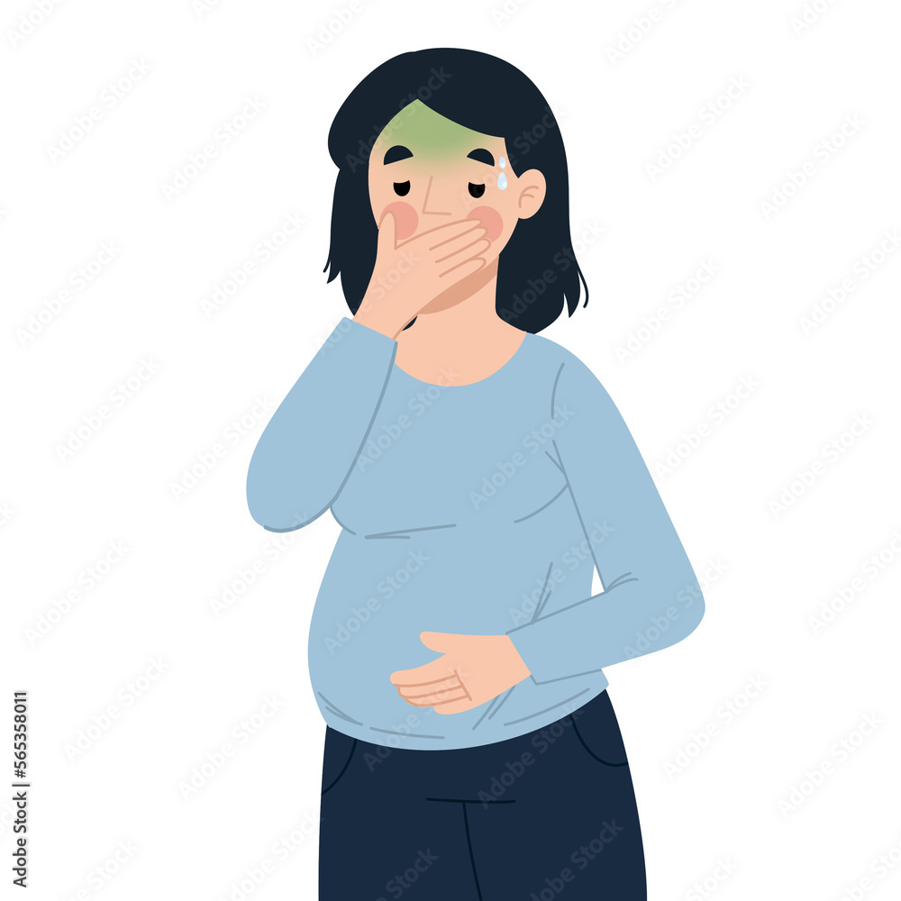 Illustration of first trimester pregnant woman nausea Illustration of first trimester pregnant woman nausea