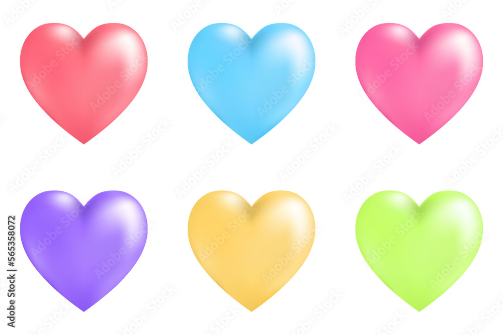 Set of 3D red, blue, pink, purple, yellow, green heart isolated on white background