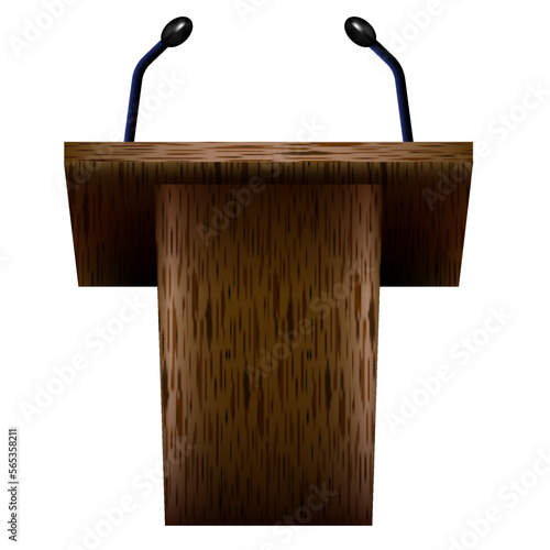 3D realistic empty wooden announcement lecture speech podium or pedestal stand with microphone isolated on white background