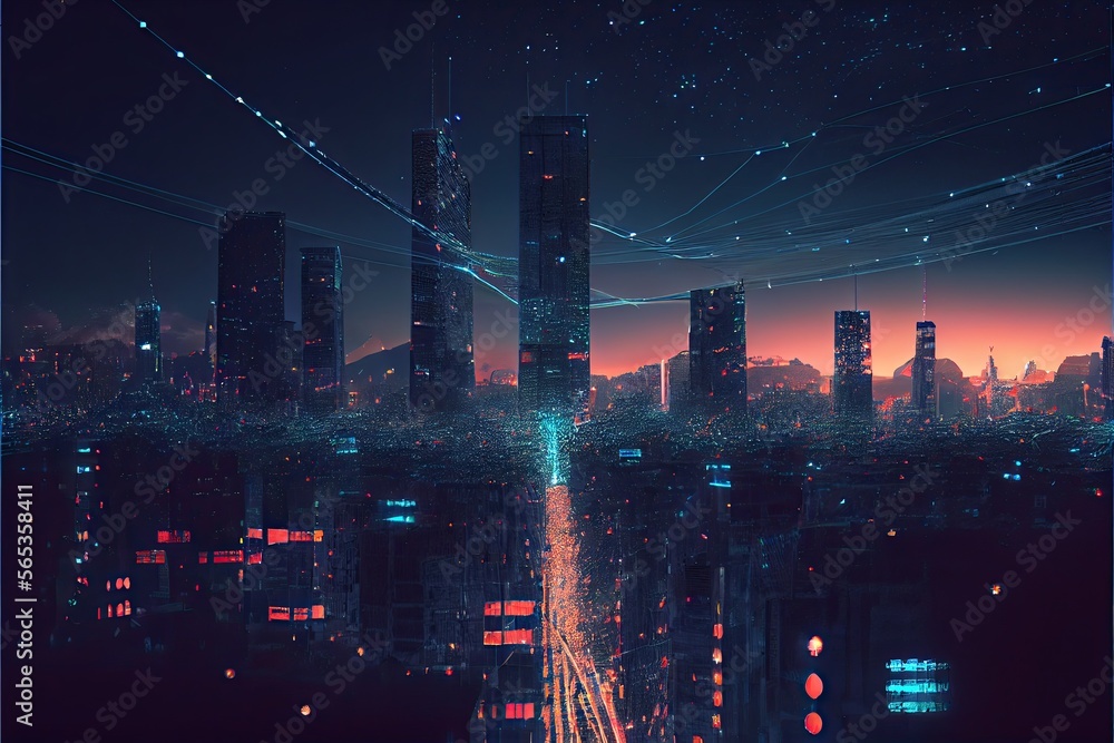 Night cityscape with visualized digital network . Ai generative