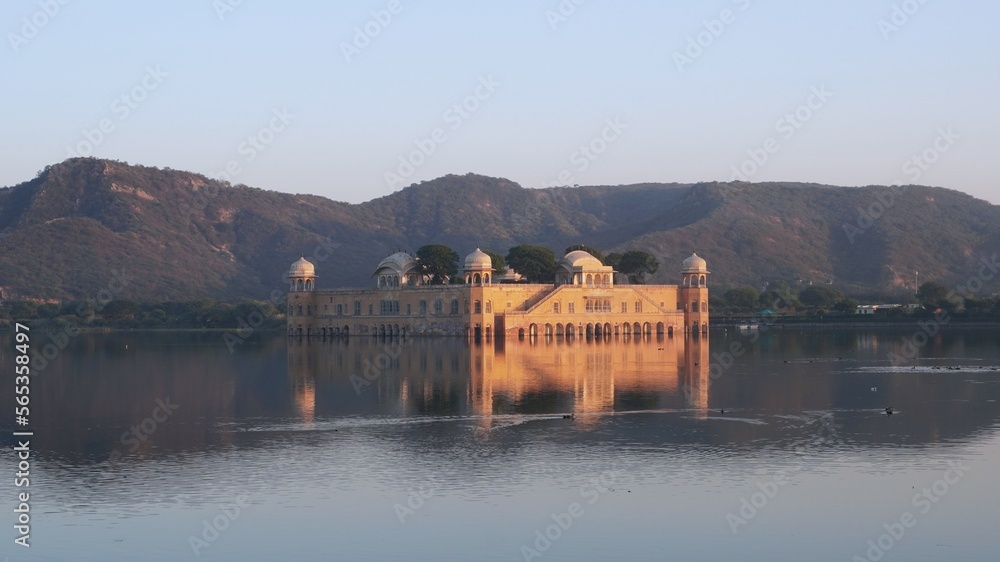 Evening view of water palace from the bank of lake.