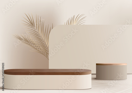 3D realistic wooden podium platform stand decoration decoration with golden palm leaves backdrop minimal wall scene on beige background