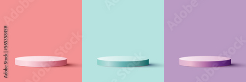 Set of 3D realistic modern pink, blue, purple pastels colors cylinder podium platform isolated minimal wall scene background