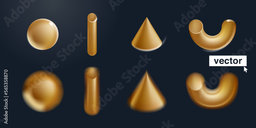 3D sphere, cylinder, cone, and curve objects. Vector illustration with golden geometry shapes on dark background.