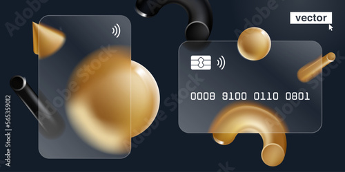 Transparent frosted bank card with glassmorphism effect. Vector illustration with flowing golden shapes.