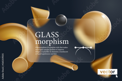 Card screen in glassmorphism effect. Illustration with blurred floating golden shapes on dark background.