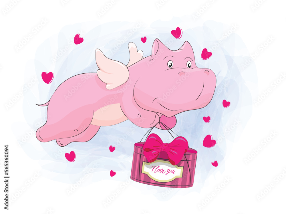 A cute pink hippopotamus with wings carries a gift to his beloved. Around the heart. A cute pink hippopotamus with wings carries a gift to his beloved. Around the heart.