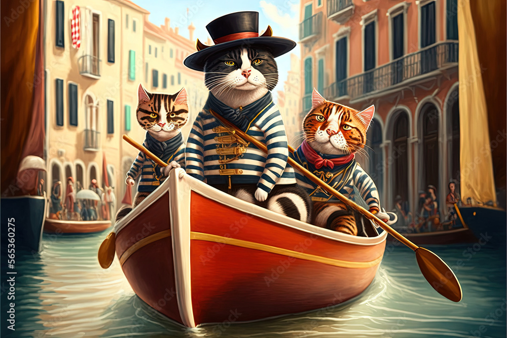 Cat as gondolier with typical stripes uniform on gondola in venice canals illustration generative ai - obrazy, fototapety, plakaty 