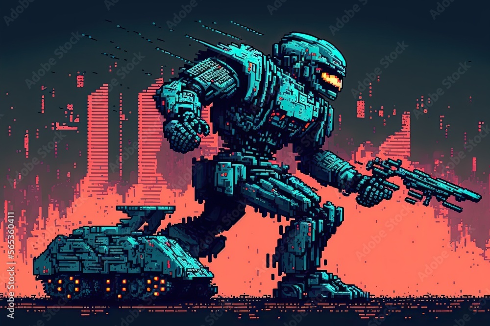 a big robot in mechwarrior style going to war with a tank at his side, retro design, pixelart, ai art, 8 bit