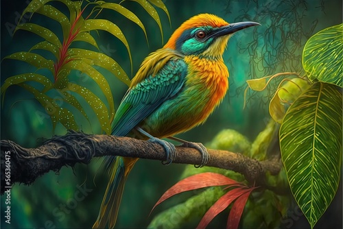Bright exotic bird in a tropical garden, sunlight. AI photo