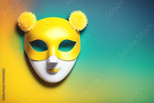 Yellow carnival mask on a blue and yellow background, made with generative AI