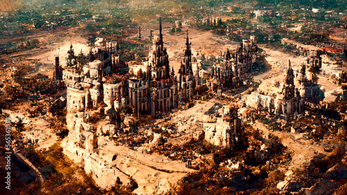 A painting depicting a ruined city after the war, aerial view, broken homes
