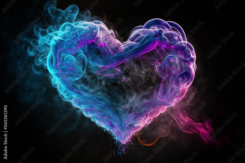 Bright multi-colored heart symbol made of smoke, Abstract openwork heart made of smoke and neon. AI