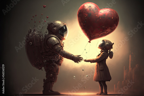 Retro cinematic scene in which an astronaut says goodbye to his girlfriend and gives her a heart shaped balloon as a sign of eternal love. Valentine's Day concept. Generative AI