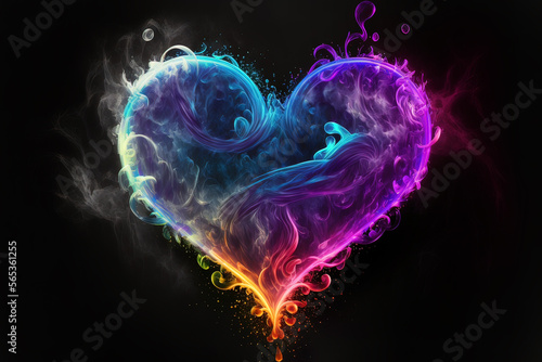 Bright multi-colored heart symbol made of smoke  Abstract openwork heart made of smoke and neon. AI