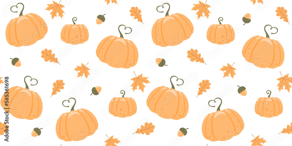 Ripe pumpkins, acorns, maple and oak leaves on a white background. Endless texture with seasonal vegetable. Vector seamless pattern for country fair, farm market, food store, shop and autumn festival