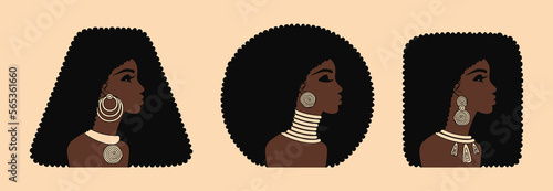 Dark-skinned African women with black curly hair and traditional gold jewelry. Female portrait in profile, side view. Cute girl with geometric Afro hairstyle, ethnic earrings and necklace. Vector set