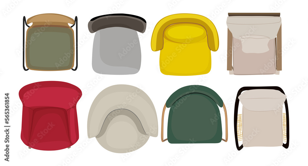 Armchairs, chairs for interior design set, top view. Overhead living