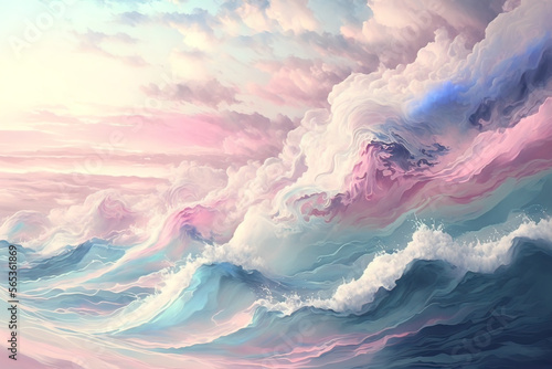 Delicate abstract pastel background with clouds and waves. Head and pink liquid fluid art. AI