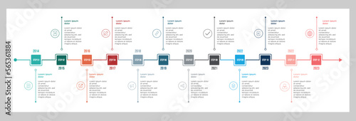 Timeline infographic box with 12 steps. Colourful timeline vector business template