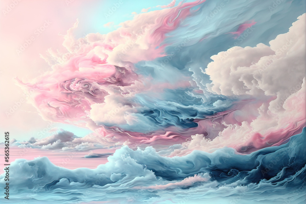 Delicate abstract pastel background with clouds and waves. Head and pink liquid fluid art. AI