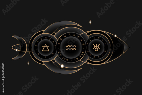 AQUARIUS zodiac horoscope astrology label with element, planet icon glyph. Thin line sign symbol art design vector illustration
