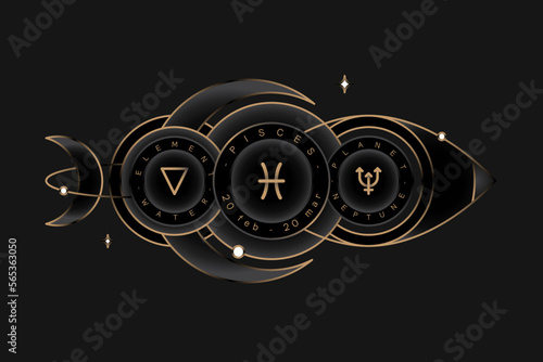 PISCES zodiac horoscope astrology label with element, planet icon glyph. Thin line sign symbol art design vector illustration