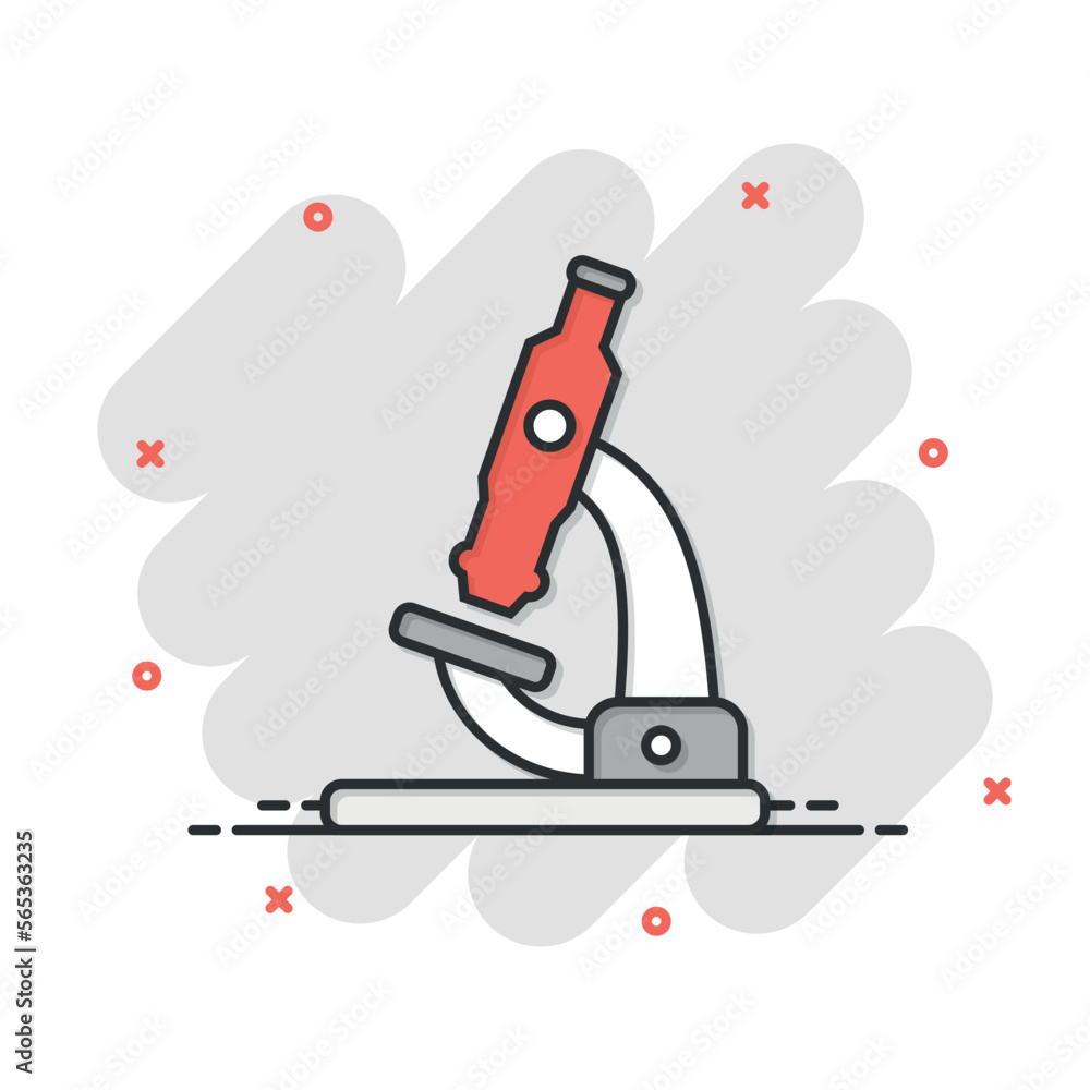 Microscope icon in comic style. Laboratory magnifier cartoon vector illustration on isolated background. Biology instrument splash effect sign business concept. Microscope icon in comic style. Laboratory magnifier cartoon vector illustration on isolated background. Biology instrument splash effect sign business concept.