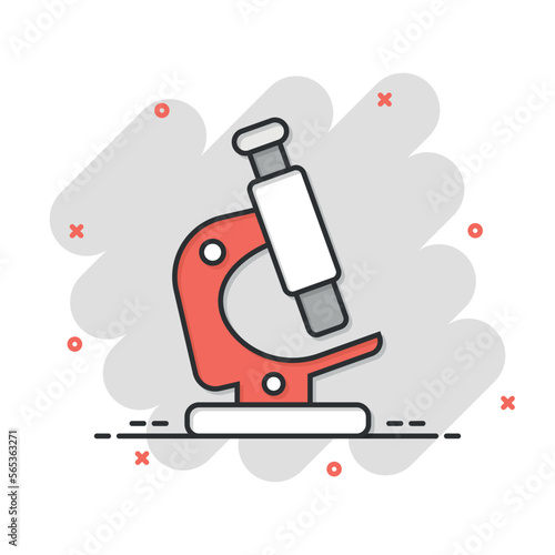 Microscope icon in comic style. Laboratory magnifier cartoon vector illustration on isolated background. Biology instrument splash effect sign business concept.