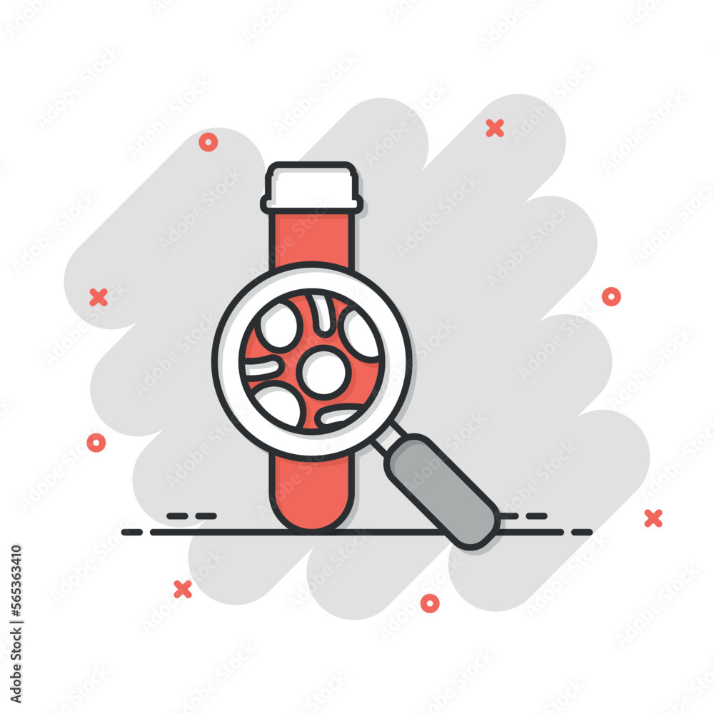Blood test tube icon in comic style. Hematology cartoon vector illustration on isolated background. Laboratory flask splash effect sign business concept. Blood test tube icon in comic style. Hematology cartoon vector illustration on isolated background. Laboratory flask splash effect sign business concept.