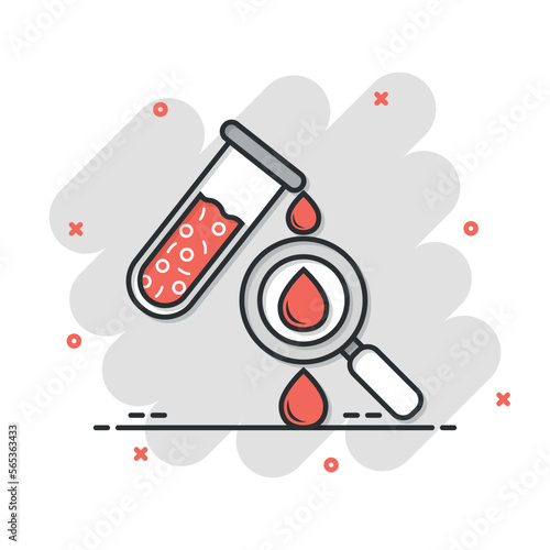 Blood test tube icon in comic style. Hematology cartoon vector illustration on isolated background. Laboratory flask splash effect sign business concept.