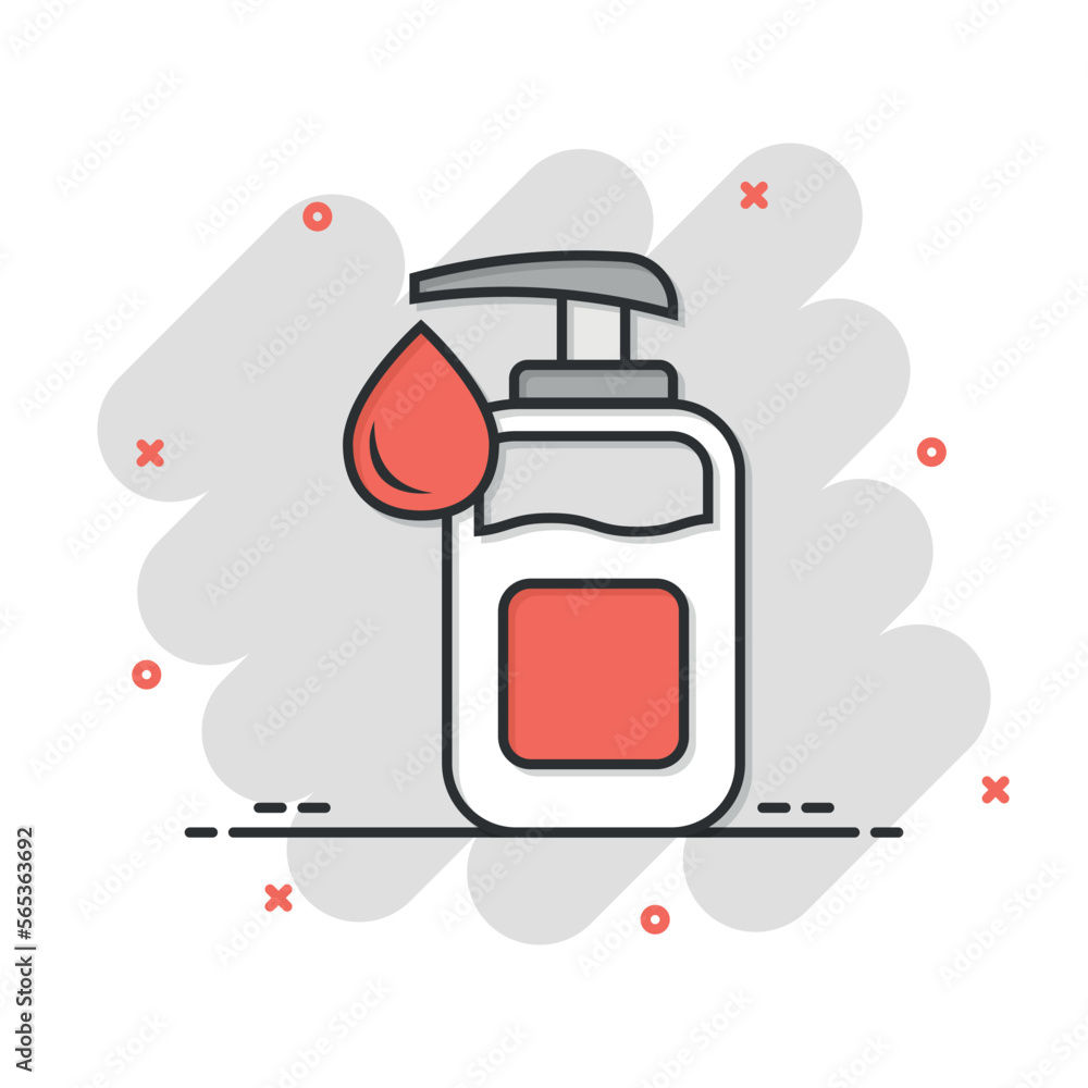 Hand sanitizer icon in comic style. Antiseptic bottle cartoon vector illustration on isolated background. Disinfect gel splash effect sign business concept. Hand sanitizer icon in comic style. Antiseptic bottle cartoon vector illustration on isolated background. Disinfect gel splash effect sign business concept.