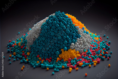 Close up of plastic polypropylene granules on a table, Generative AI