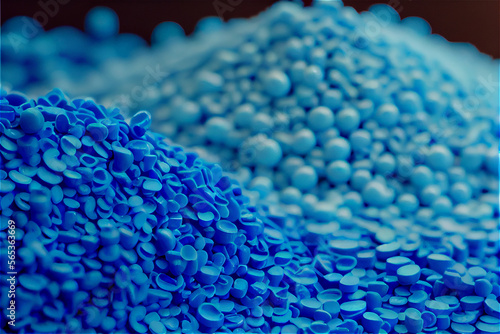 Close up of a two stacks of blue plastic polypropylene granules on a table, Generative AI photo