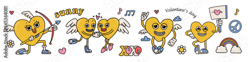 Groovy lovely yellow hearts characters set. Hippie love concept. Happy Valentines day elements. Funky heart mascots in trendy retro 80s 70s cartoon style. Vector hand drawn illustration