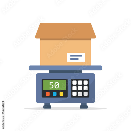 Electronic weight scale for cargo in flat style. Cardboard measuring vector illustration on isolated background. Equilibrium comparison sign business concept.