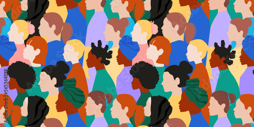 Seamless pattern of multiethnic multicultural women. Communication diverse female portrait. Female's empowerment movement. Crowd of women group share ideas and information.