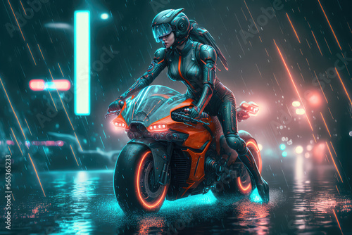  beautiful girl rides on motorcycle, a technological brightly glowing electric motorcycle on a rainy wet road (ai generated)