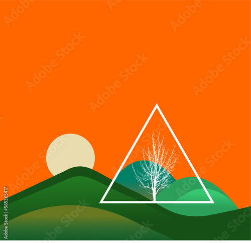 Abstrakte Hügel mit Dreieck, Sonne und Baum