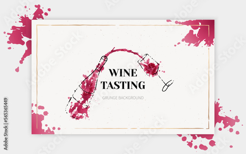 Template for flyer or banner of wine events. Liquid  watercolor effect illustration. Splashes of wine, liquid, drops. Vector design. Layout for wine list, invitation, event or party.
