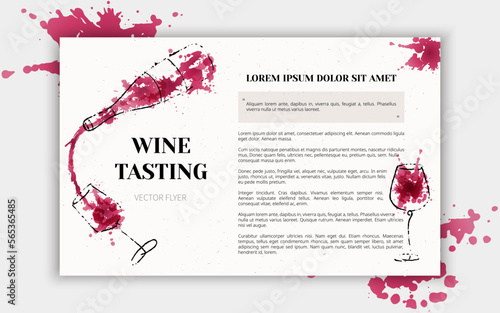 Template for flyer or banner of wine events. Liquid  watercolor effect illustration. Splashes of wine, liquid, drops. Vector design. Layout for wine list, invitation, event or party.