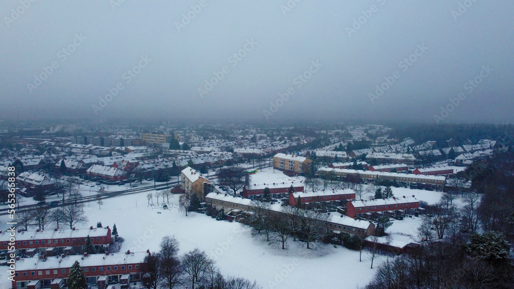Arial view of Hilversum, the Netherlands, covered in snow.