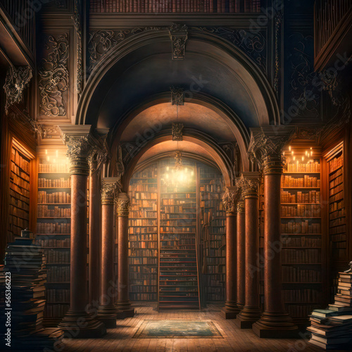Illustration of an old library with books. Generative Ai.