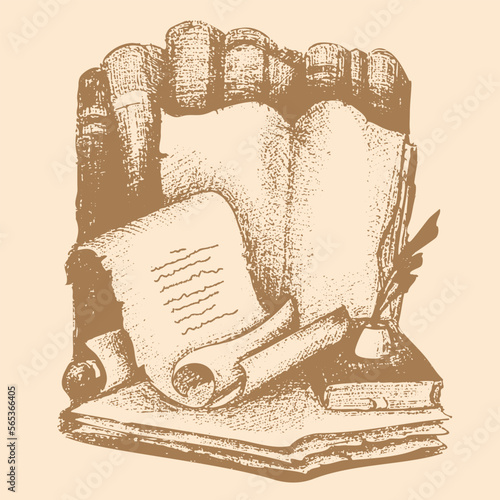 Antique scroll with manuscripts and letters with books and quill pen ink