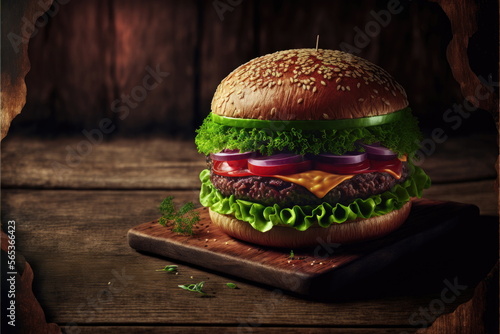 hamburger on wood background, unhealthy food, Made by AI,Artificial intelligence