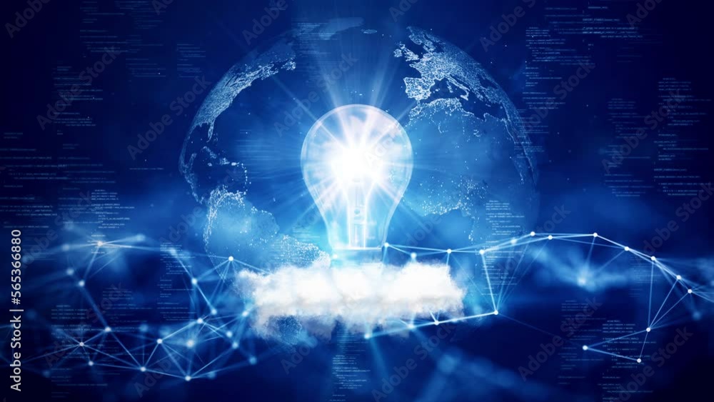 business idea creative concept technology. Light bulb glowing in the abstract world above clouds Polygons and binary code on dark blue background. business idea creative concept technology. Light bulb glowing in the abstract world above clouds Polygons and binary code on dark blue background.