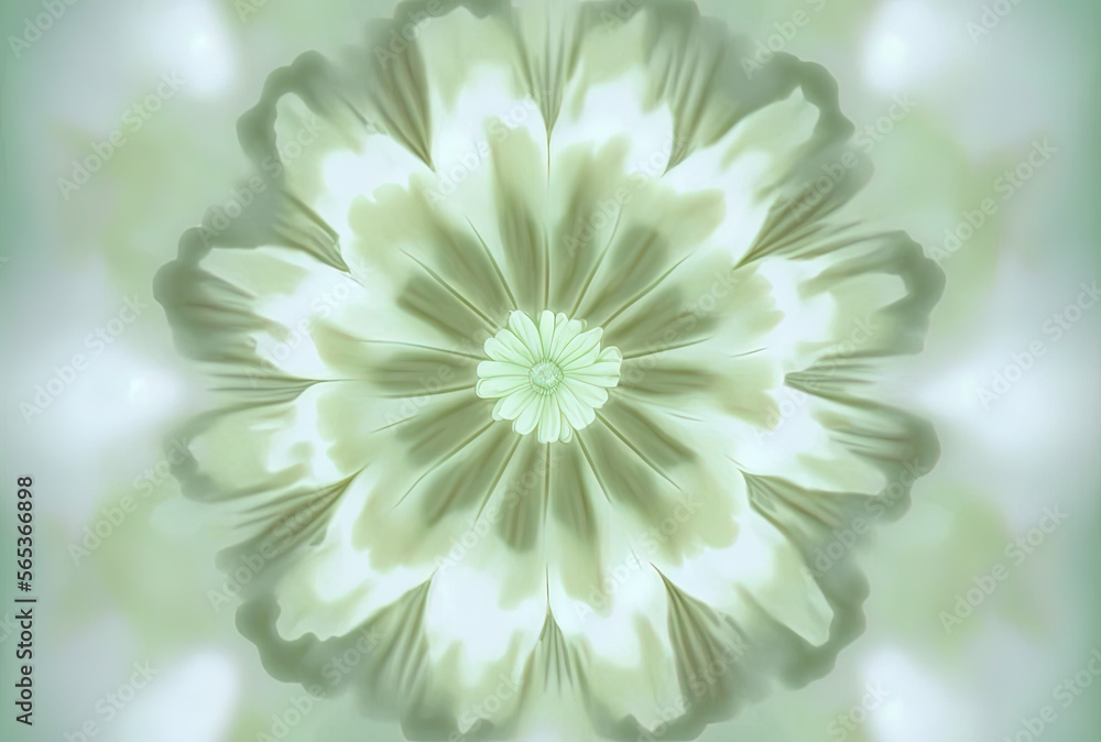 Fototapeta premium White flower on green, winter fractal blossom. Flower background. Illustration, generative ai.