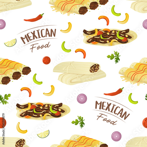 Seamless pattern with mexican food fajita, tamale, enchilada and bell pepper slices. Fast food restaurant and street food snacks, meat tortillas, takeaway food delivery
